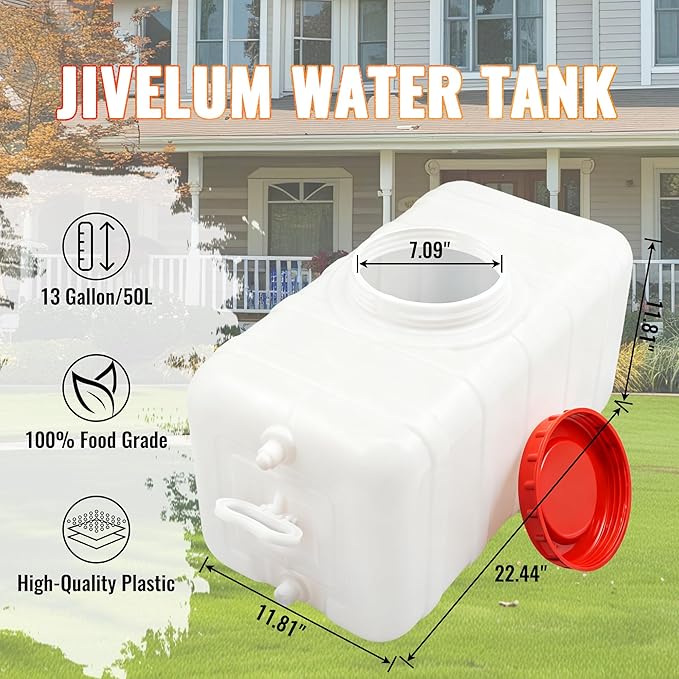13Gallon/50L Water Storage Tank, Portable Water Tank for Outdoor Camping, Farms and Gardens, Rectangular Translucent White