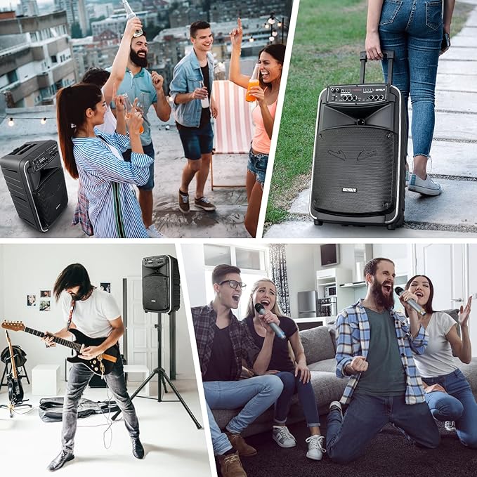 GTSK12-2 Portable Bluetooth PA Speaker System with TWS, Wireless Karaoke Machine for Adults with 12” Subwoofer, Dual UHF Mics, Rechargeable Outdoor Speaker w/USB-C, SD, FM, AUX – for Parties & Events