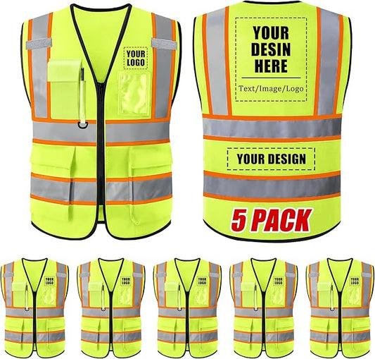 Custom Safety Vest with Logo, High Visibility Reflective Personalized Vest with Pockets and Zipper for Men Women Work