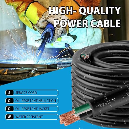 20ft 8/3 8 AWG Portable Power Cable (3 Conductor) - SOOW 600V 8 Gauge Electric Wire for Motor Leads, Portable Lights, Battery Chargers and Machinery - 3 Conductor - 20 Feet Electrical Cord