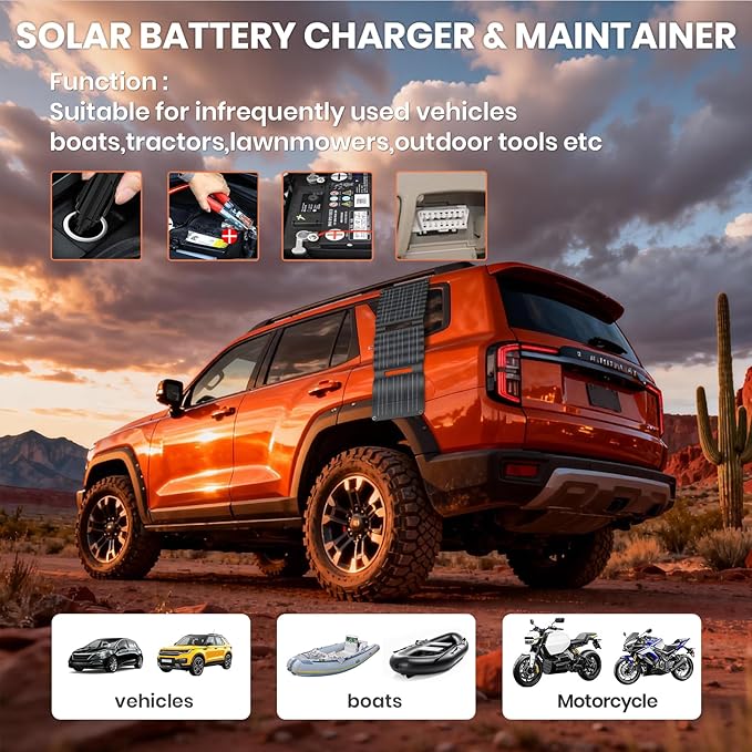 FlexSolar 15W Foldable Solar Panel Trickle Charger Maintainer Kits - 12V DC & USB Output with Built-in Controller Includes Cigarette Lighter, Alligator Clips, O-Rings,OBDII Connector for Car, Truck