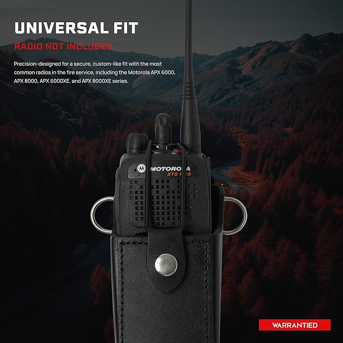 Revolution Fire Leather Radio Holster Set – Heavy Duty Strap, Anti-Sway, Fits Motorola APX Series – for Firefighters, EMT, Police
