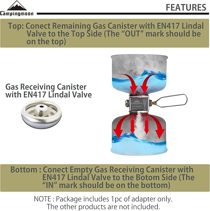 camping moon Fuel Canister Refill Adapter, Isobutane Refill Adapter, Butane Gas Refill Adapter Gas Saver Plus Isobutane Canister EN417 Lindal Valve (Gas Fuel not Included) Z15
