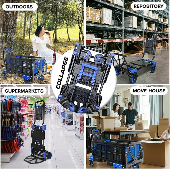 Folding Hand Truck, 2 in 1 Portable Heavy Duty Carrying Moving Dolly Cart with 4 Foldable Wheels and Retractable Handle Duty 330lbs (Blue with Folding Basket)