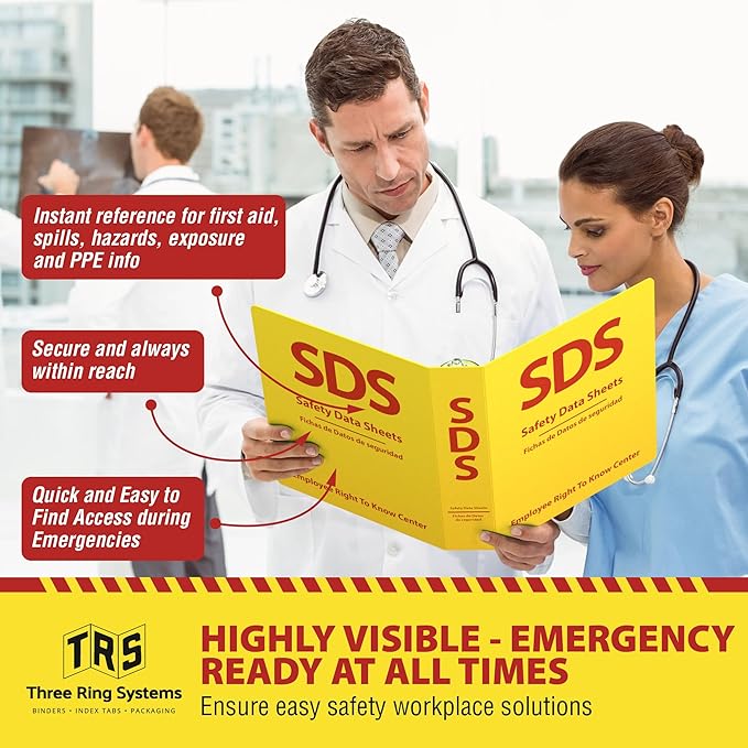 OSHA-Compliant SDS/MSDS Binder with Wall Mount, 2inch 3-Ring, High-Visibility Yellow & Red, Holds up to 400 Sheets, Bilingual (English/Spanish), Durable & Easy to Install for Workplace Safety