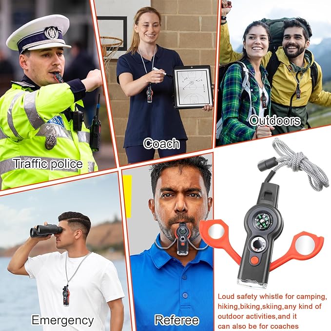 12 Pack Emergency Survival Whistle 7-in-1 Compass Hiking Survival Safety Whistle with Lanyard Outdoor Multifunctional Tool Ideal for Hiking Camping Rescue Signaling