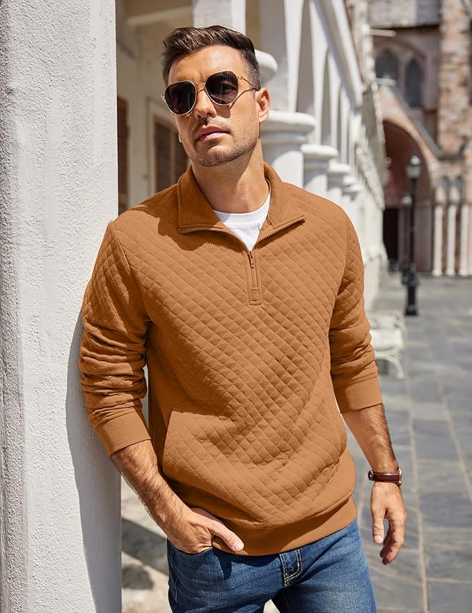 COOFANDY Mens Quarter Zip Pullover Quilted Sweatshirt Knit Long Sleeve Mock Neck Sweater Polo with Pocket
