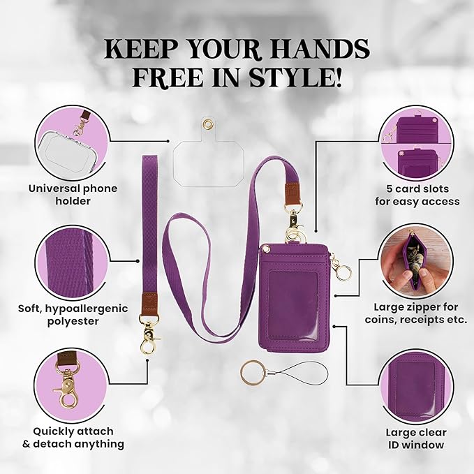 2-in-1 ID Badge Holder & Lanyard Wallet - Multi-Use Womens Small Wallet with Removable Wristlet & Neck Lanyard, Clear Window, 5 Card Slots, Phone Holder, Ring Keychain - Deep Purple