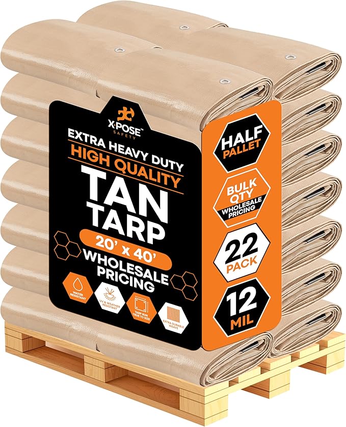 Heavy Duty Tan Poly Tarp 20' X 40' - Bulk Half Pallet (22 Pack) - Multipurpose Protective Cover - Durable, Weather Proof & Tear Resistant - 12 Mil Thick Polyethylene - by Xpose Safety
