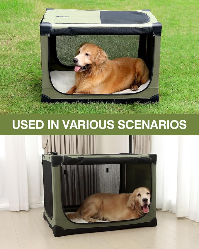 33-Inch Collapsible Travel Dog Crate, Portable 4-Door Soft Kennel for Medium to Large Dogs, Chew-Proof Mesh Windows, Indoor/Outdoor Use, Foldable, with Storage Bag (Green)