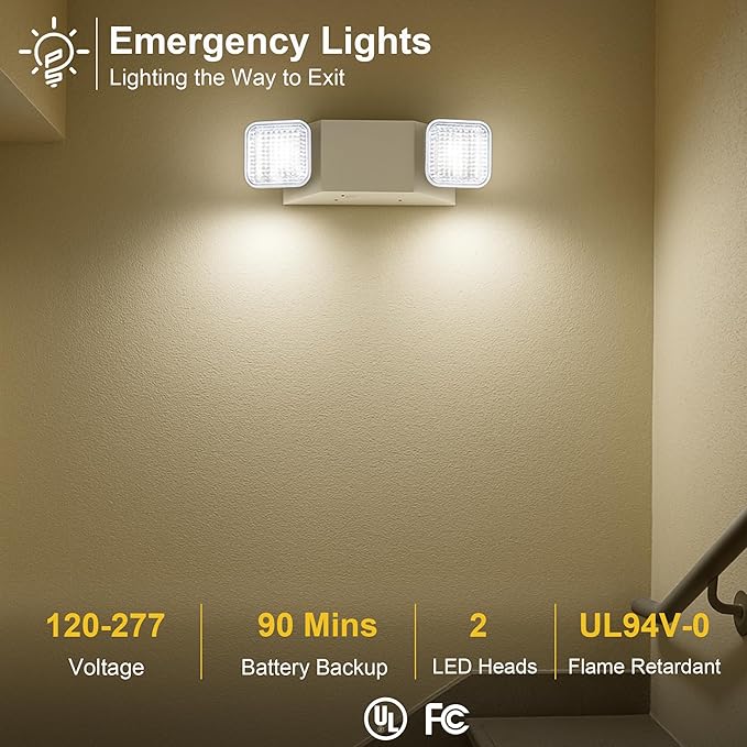 GRUENLICH LED Commercial Emergency Light with Dual Head and Backup Battery, US Standard, AC 120-277V, Hardwired Emergency Light Fixtures for Business Office Power Outages, 6-Pack
