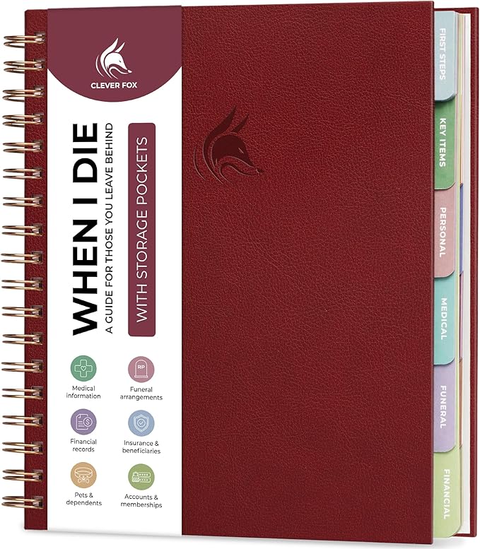 Clever Fox When I Die Planner With Pockets for Documents – End-of-Life Organizer Binder for Important Personal Info & Final Wishes (Burgundy)