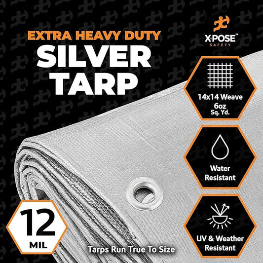Heavy Duty Silver Poly Tarp 50' X 50' - Bulk Half Pallet (6 Pack) - Multipurpose Protective Cover - Durable, Weather Proof & Tear Resistant - 12 Mil Thick Polyethylene - by Xpose Safety