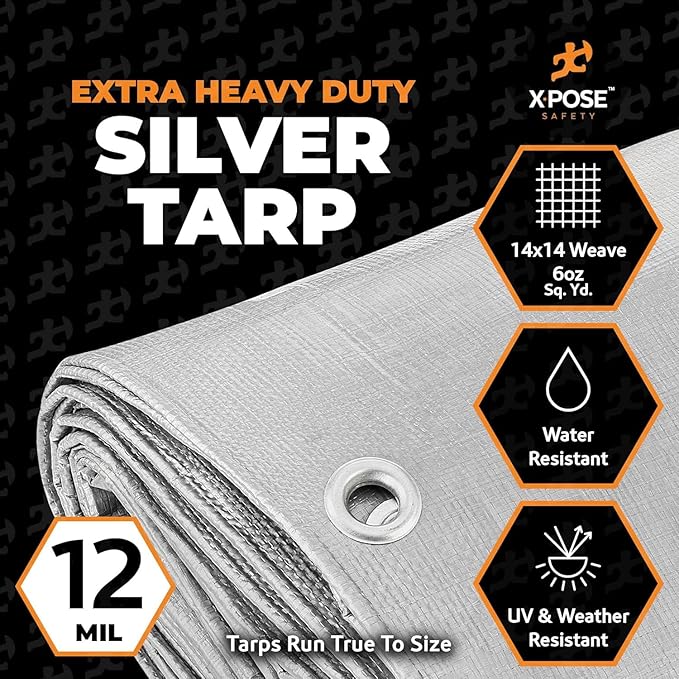 Heavy Duty Silver Poly Tarp 10' X 12' - Bulk Half Pallet (125 Pack) - Multipurpose Protective Cover - Durable, Weather Proof & Tear Resistant - 12 Mil Thick Polyethylene - by Xpose Safety