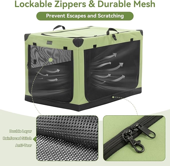 PETSFIT Collapsible Dog Crate, with Patented Adjustable Fabric Cover, Chewproof & Lockable Mesh Doors, Waterproof Base Soft Sided Kennel Green 40 Inch