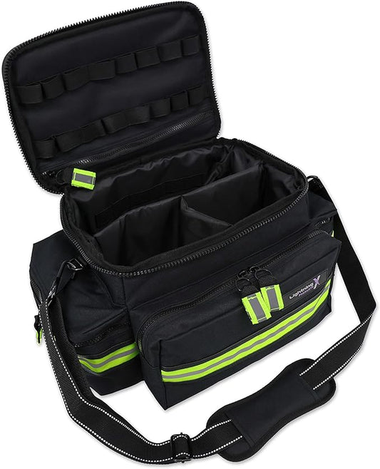 Lightning X Medium First Responder EMT Bag | LXMB25 | w/Reflective, Shoulder Strap & Zippered Compartments for First Aid + Trauma Supplies - Black