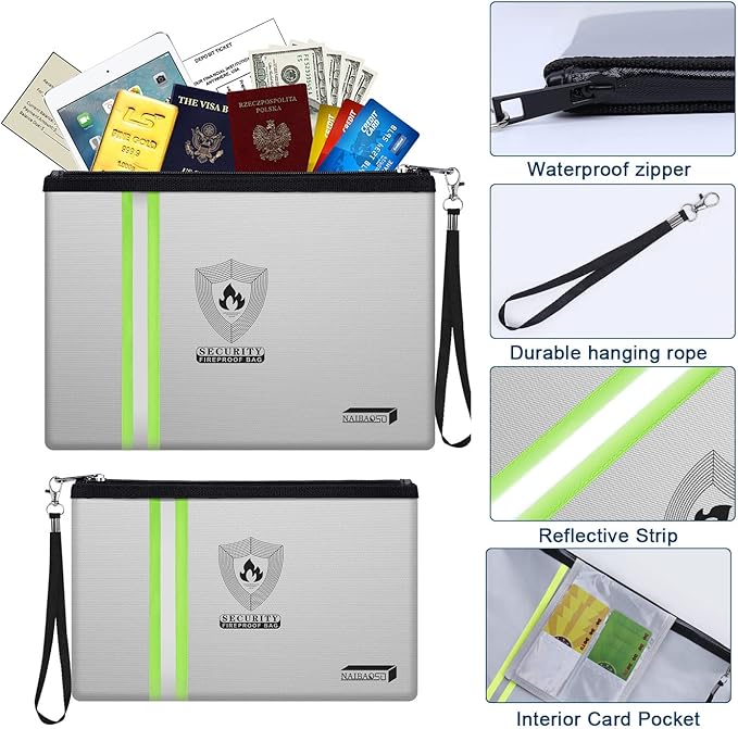 Fireproof Bag for Documents and Money - 2-Pack Waterproof Fire Safe Pouch with Metal Zipper, Reflective Strip & Hand Strap for Passport, Cash, Valuables by NAIBAOSD (13.3" & 10.8")