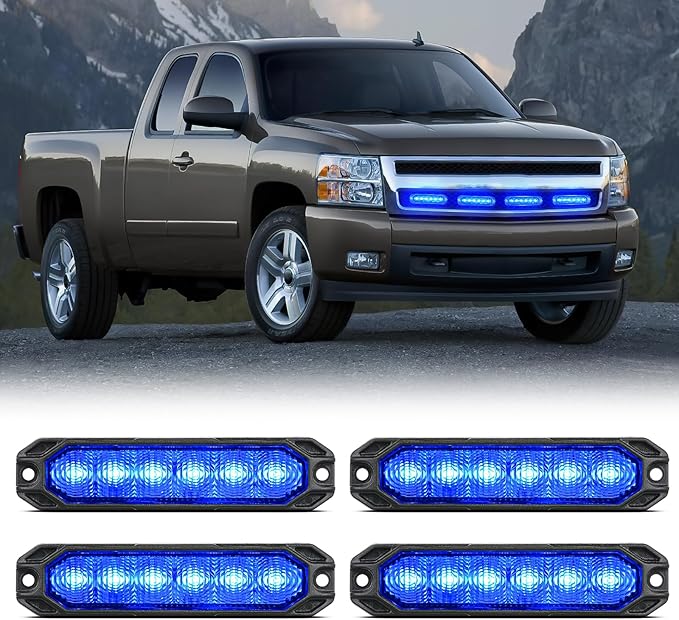 Nilight 6LED Emergency Strobe Lights 4PCS Ultra slim Surface Mount Hazard Caution Light bar 12-24V Sync Feature Warning Flashing Light kit for Truck Car Vehicle ATV SUV UTV Blue