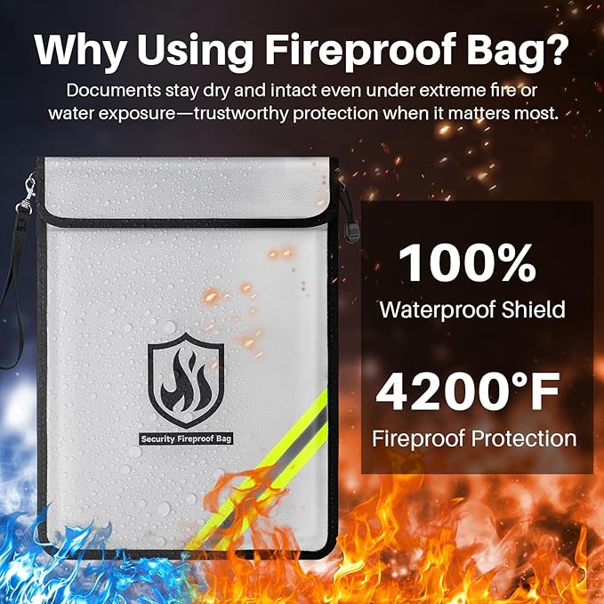Fireproof Document Bag, 15 x 11 Inch Waterproof Documents Holder 2000℉ Safe for Important File Money Cash Legal Papers, Two Pockets Dual Zippered File Bag with Hand-held Strap & Reflective Strip