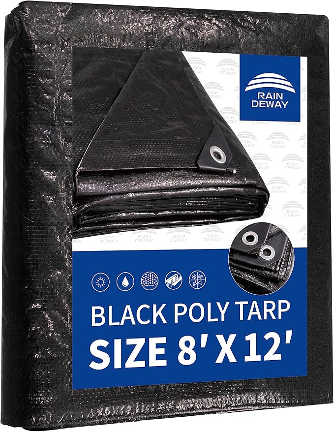RAINDEWAY Black Tarp 8x12 Feet, UV Resistant, 8 Mil Multipurpose Medium Duty Waterproof Poly Tarp Cover with Metal Grommets and Reinforced Edges