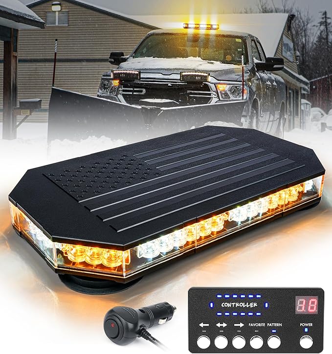 LUMENIX Rooftop Strobe Beacon Lights Bar w/Controller, American Flag Pattern White Amber LED Emergency Warning Traffic Flashing Light for Construction Vehicles Work Trucks Snowplow (Patented Design)