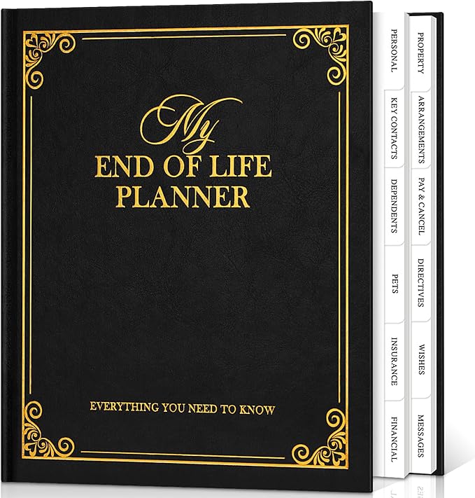 Lanpn End of Life Planner Death Organizer with Tabs, Final Wishes & Financial Estate Planning Journal, When I Die Journal for Senior, Before Death Life and Care Plan Book, Black, Leather Hardcover