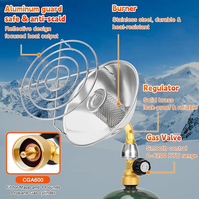 Portable Propane Heater for Camping, Outdoor Small Space Patio Heater with Control Valve, Radiant Cordless Garage Tent Heaters with Foldable Gas Tank Holder for Hiking Ice Fishing Hunting Backyard