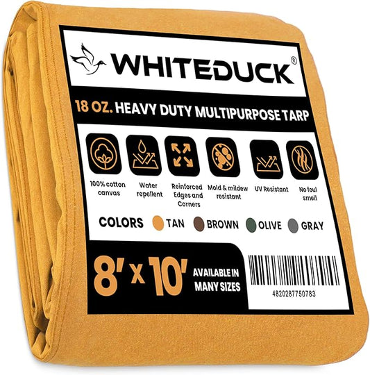 WHITEDUCK Canvas Tarp 18 oz. Heavy Duty Waterproof UV Resistant, Rustproof Grommets, Industrial & Commercial Use Cloth Tarp (Cut Size: 8'x10', Finished Size: 7'6"x9'6", Tan)