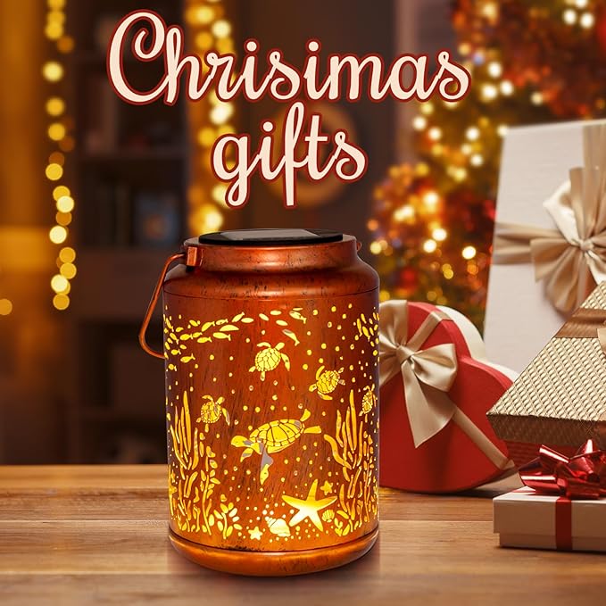 YISITEONE Sea Turtle Outdoor Solar Lanterns, Garden Waterproof Metal Hanging Decor Lights for Patio Yard Pathway Lawn Front Porch, Birthday Gardening Gifts for Women Mom Grandma