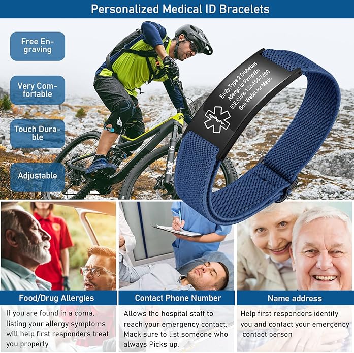VNOX Medical Alert Bracelets for Men & Women Kids with Free Engraving Adjustable Stainless Steel Mesh Emergency Medical ID Bracelets Wristband