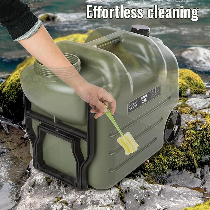 7.4 Gallon Water Jug with Wheels & Folding Handle, GIGYES Rolling Wheel Water Storage Tank for Hiking Camping, Portable