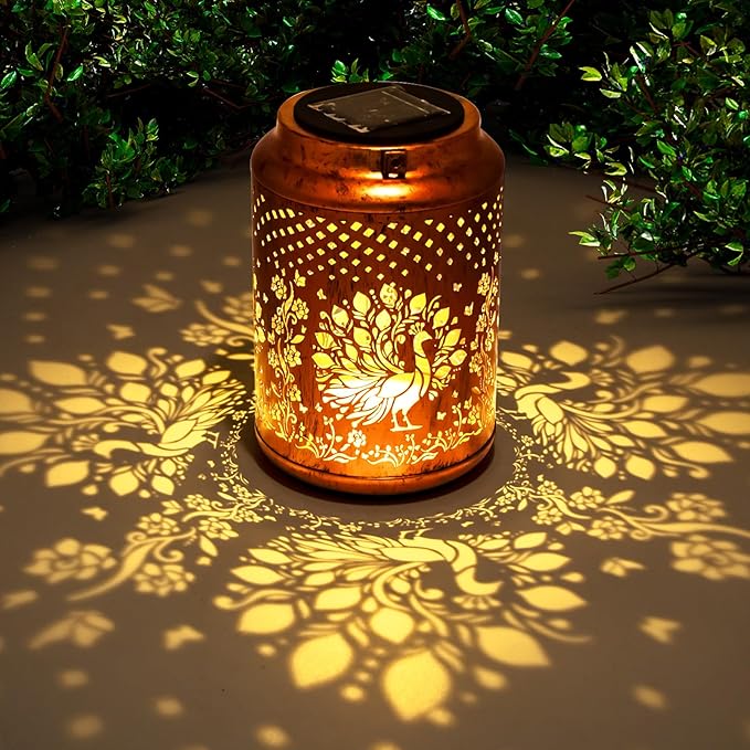 YISITEONE Peacock Outdoor Solar Lanterns, Garden Waterproof Metal Hanging Decor Lights for Patio Yard Pathway Lawn Front Porch, Birthday Gardening Gifts for Women Mom Grandma