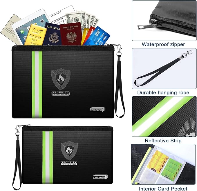 Fireproof Document Bag with Metal Zipper & Reflective Strip, Waterproof Fire Safe Pouch for Cash, Passport, Certificates, Valuables (2 Sizes: 13.3x9.4" & 10.8x6.8")