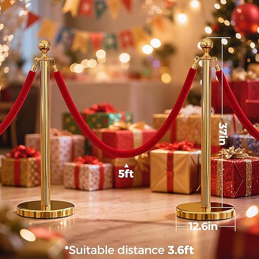 12pcs Sturdy Gold Stanchion Posts and 12pcs High Quality Red Carpet Velvet Ropes, Water/Sand/Concrete Fillable Leakproof Base, Crowd Control Barriers for Birthday, Prom, Business, Wedding