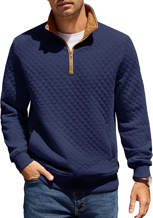 COOFANDY Mens Quarter Zip Pullover Quilted Sweatshirt Knit Long Sleeve Mock Neck Sweater Polo with Pocket
