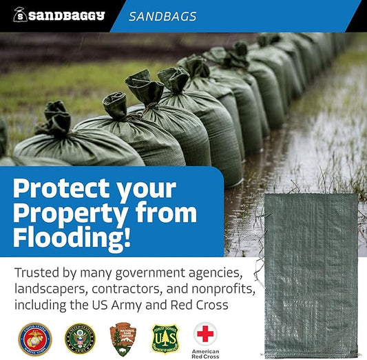 Sandbaggy - Heavy Duty Empty Sandbags For Flooding (14" X 26") - Poly Sand Bags - Flood Barrier, Weight, Construction, Earth Bag Homes - Reusable, UV Resistant - Tie Strings Attached (50 Bags)