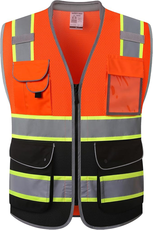 JKSafety 9 Pockets Hi-Vis Safety Vest High Visibility Reflecitive Mesh Safety Vests for Men and Women Cushioned Collar Work Utility PPE Work Gear ANSI/ISEA compliant Class 2 (101-OBlk XL)