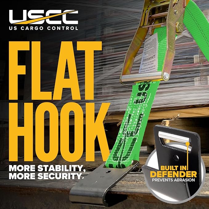 US Cargo Control Flat Hook Ratchet Straps 2 Inch X 30 Foot (4-Pack), 10,000 LBS Break Strength, Green Heavy Duty Ratchet Straps with Black Flat Hooks, Tie Downs for Flatbed Trailer