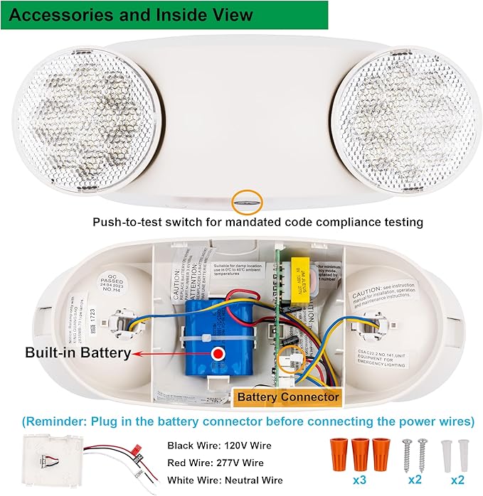 GRUENLICH LED Emergency Light, Exit Lighting Fixtures with 2 LED Bug Eye Heads and Back Up Batteries, UL 924 Qualified, 120/277 Voltage, 2-Pack