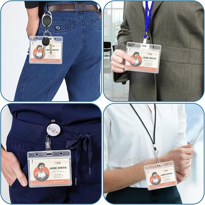 6Pack Horizontal Name Tag Holders and Metal Badge Clips ID Card Holder Clear PVC Name Holder Tags with Metal Badge Clips Straps