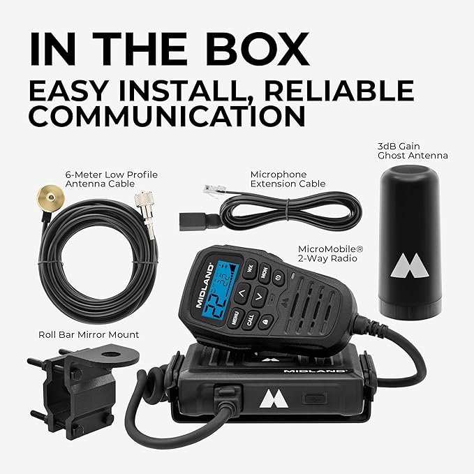 Midland® - MXT275VP4-15 Watt GMRS MicroMobile Two-Way Radio - ATVs UTVs and Other Off-Road Vehicles - Overlanding Gear - Extended 3dB gain Roll Bar Mount Antenna Microphone Extension Cable