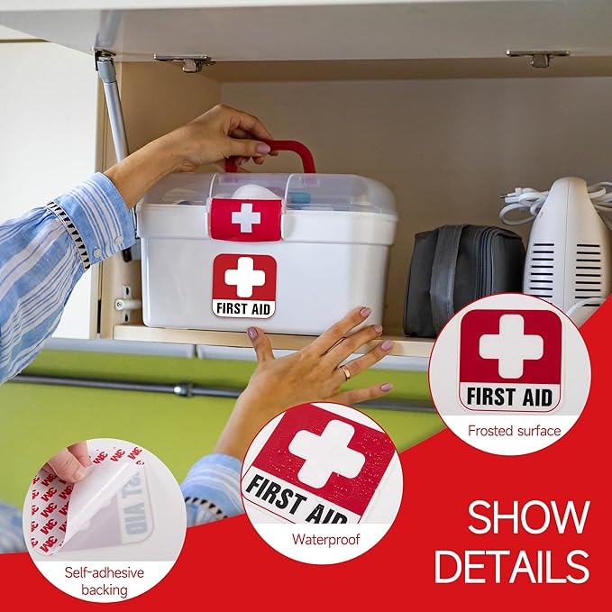 3PCS First Aid Sign Sticker for Box，Self-Adhesive Waterproof Small First Aid Decals for Home, Emergency First Aid Kit Supplies for Home, Office or Business (4x4IN, 2X2IN)