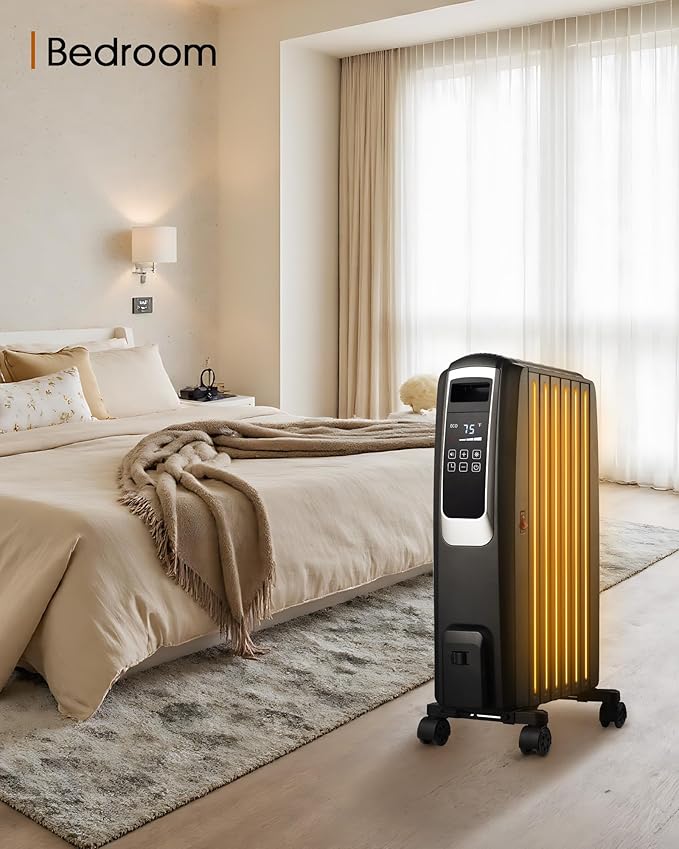 Oil Filled Radiator Heater, Electric Radiant Heaters for Indoor Use Large Room, Portable Space Heater with ECO Mode, Quiet Heating with Remote Control, 24H Timer, Tip-over & Overheat Protection