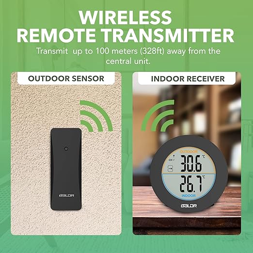 BALDR Wireless Indoor Outdoor Thermometer - 2.5” LCD Display Digital Thermometer for Home - Surface or Wall Thermometers Indoor & Outdoor Weather Station, Wireless Remote Transmitter Included (Black)