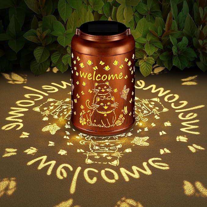 Solar Lantern Outdoor Hanging Waterproof Outside Metal Openwork Hummingbird Pattern Birthday Gifts for Women Mom Landscape Lights for Porch Garden Yard Patio Pathway Decor(Cat)