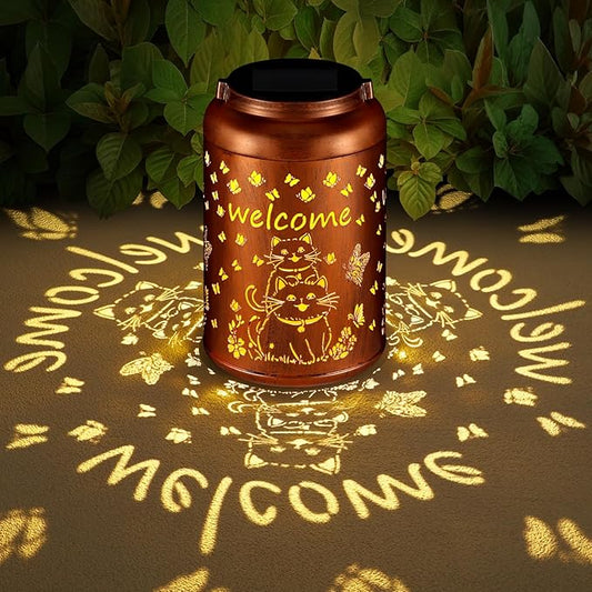 Solar Lantern Outdoor Hanging Waterproof Outside Metal Openwork Hummingbird Pattern Birthday Gifts for Women Mom Landscape Lights for Porch Garden Yard Patio Pathway Decor(Cat)