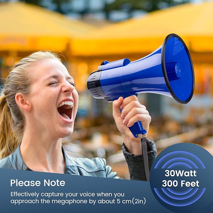 30 Watt Power Portable Megaphone Bullhorn Speaker Voice, Siren/Alarm and 240S Recording with Volume Control and Strap