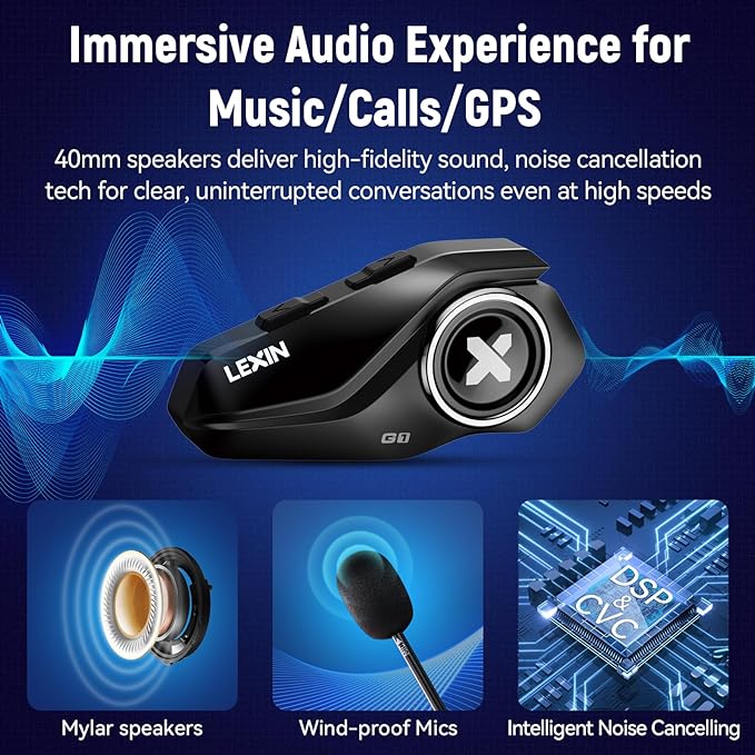 LEXIN G1 Motorcycle Bluetooth Headset, Helmet Speakers with 2 Type Mics, Hands-Free Call/Music/GPS, IP67 Waterproof Motorcycle Headphones with HD Stereo Loud Sound, 4 Color Faceplates, Single Use