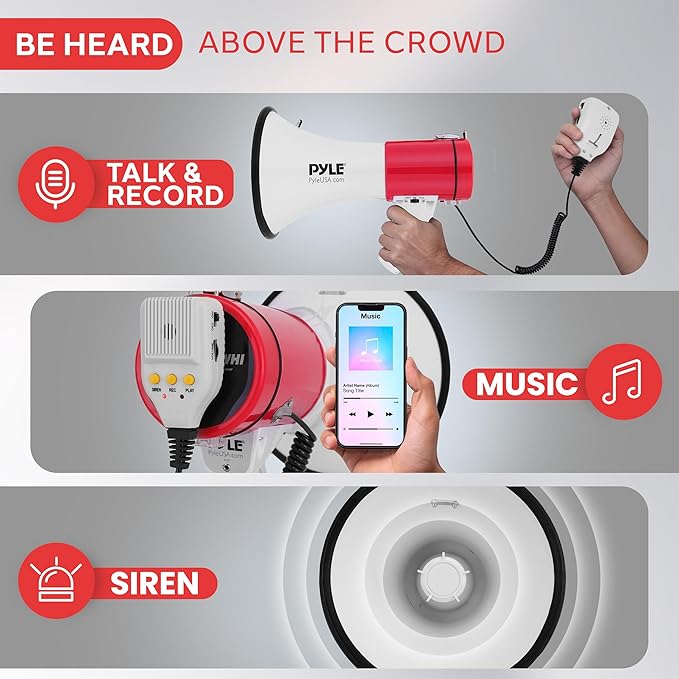 Pyle 50W Megaphone Bullhorn - Portable, Automatic Siren & Adjustable Volume, Projection Range Up to 1200 Square Yards, Aux Input, Talk, Siren, Music, Whistle, & Record, Shoulder Strap (Black)