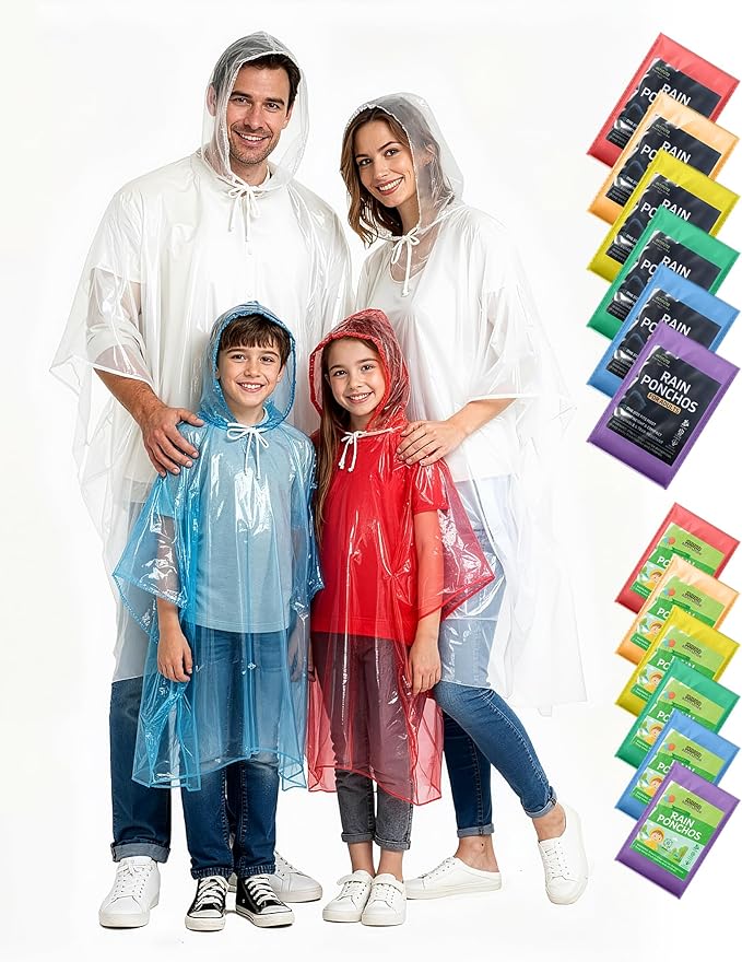 Hitituto Rain Ponchos Family Pack Kids– 6/12/24 Pack Disposable Poncho with Hood, Clear & Assorted Colors, Home Survival Kits